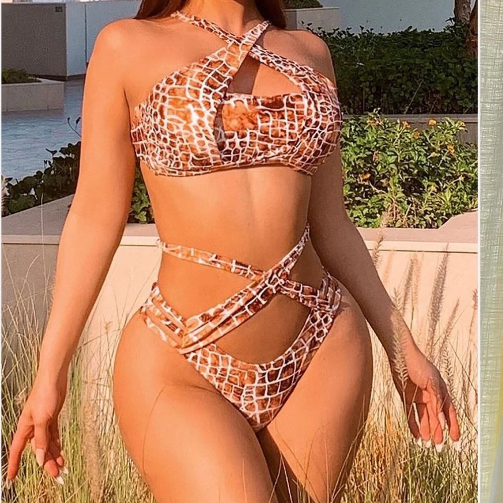 Fashion Nova Brown and White Bikini Set